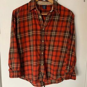 boys’ orange plaid flannel button down shirt L